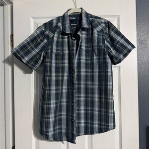 Prana Men's Navy and White Plaid Button Down Shirt